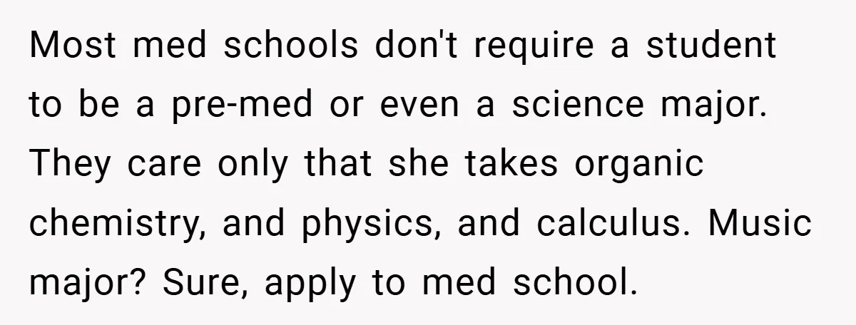 Most med schools don't require a student to be a pre-med or even a science major. They care only that she takes organic chemistry, and physics, and calculus. Music major?...