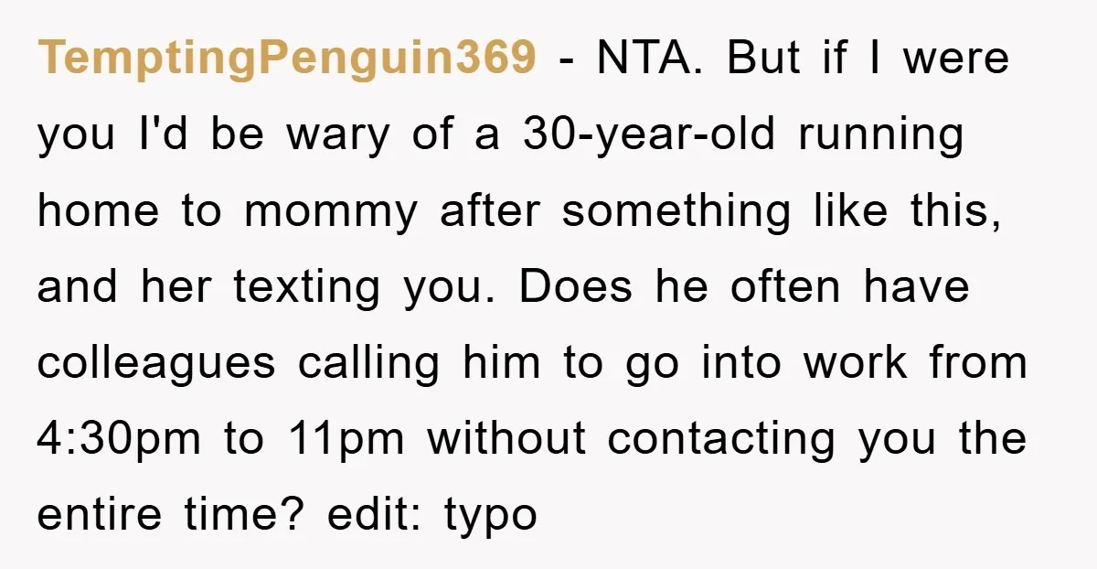TemptingPenguin369 − NTA. But if I were you I'd be wary of a 30-year-old running home to mommy after something like this, and her texting you. Does he often have...