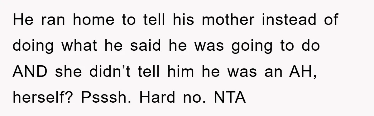 He ran home to tell his mother instead of doing what he said he was going to do AND she didn’t tell him he was an AH, herself? Psssh. Hard...