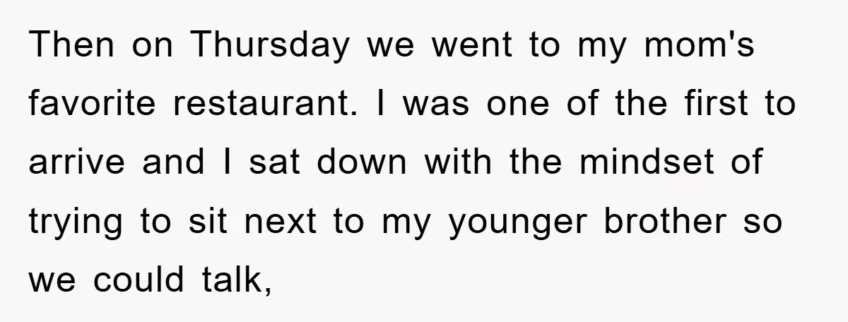Then on Thursday we went to my mom's favorite restaurant. I was one of the first to arrive and I sat down with the mindset of trying to sit next...
