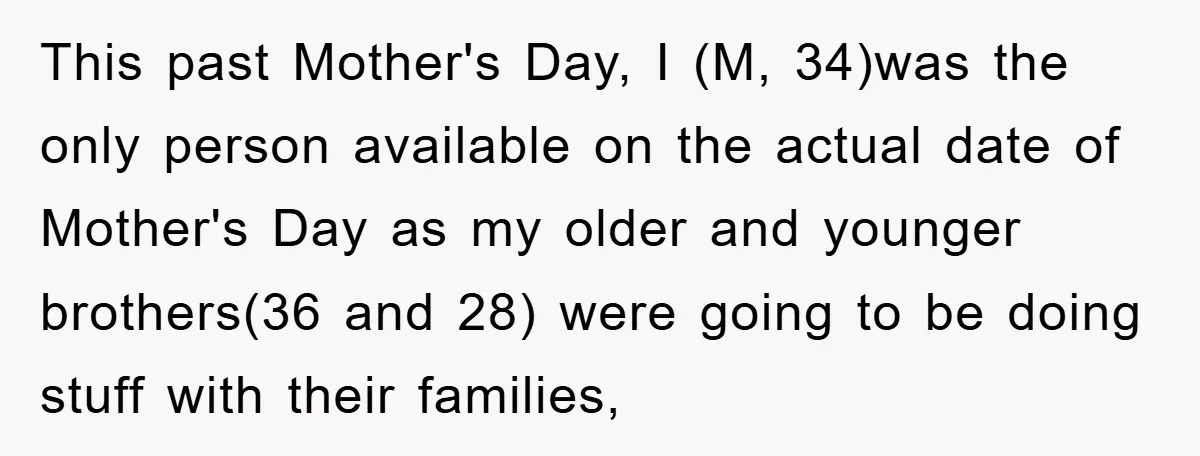 This past Mother's Day, I (M, 34)was the only person available on the actual date of Mother's Day as my older and younger brothers(36 and 28) were going to be...