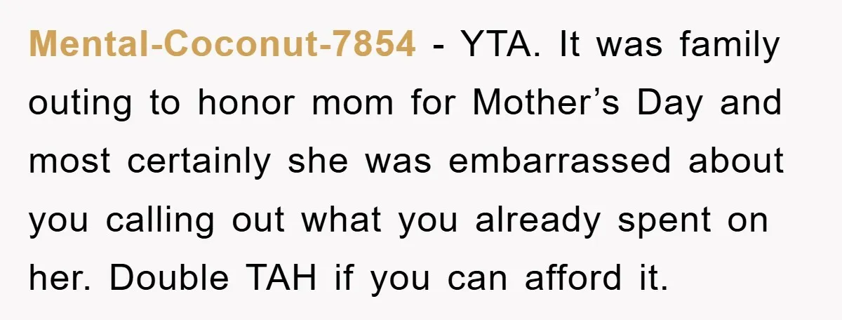 Mental-Coconut-7854 − YTA. It was family outing to honor mom for Mother’s Day and most certainly she was embarrassed about you calling out what you already spent on her. Double...