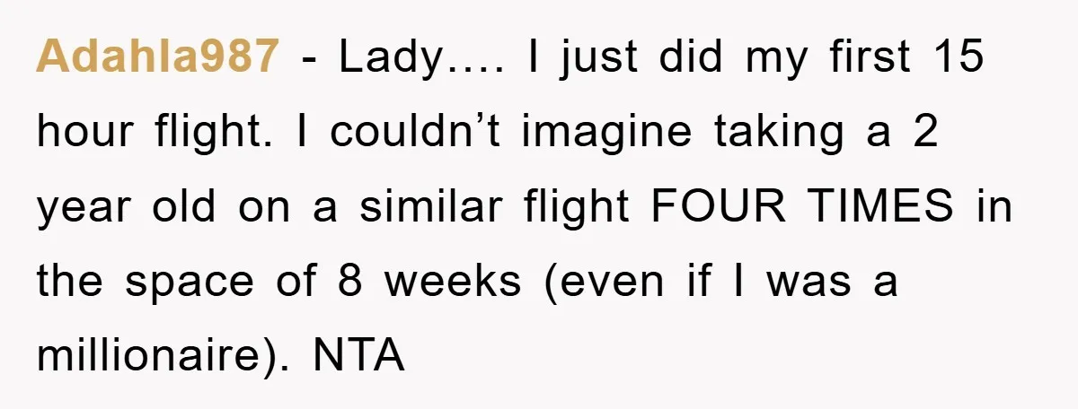 Adahla987 − Lady…. I just did my first 15 hour flight. I couldn’t imagine taking a 2 year old on a similar flight FOUR TIMES in the space of 8...