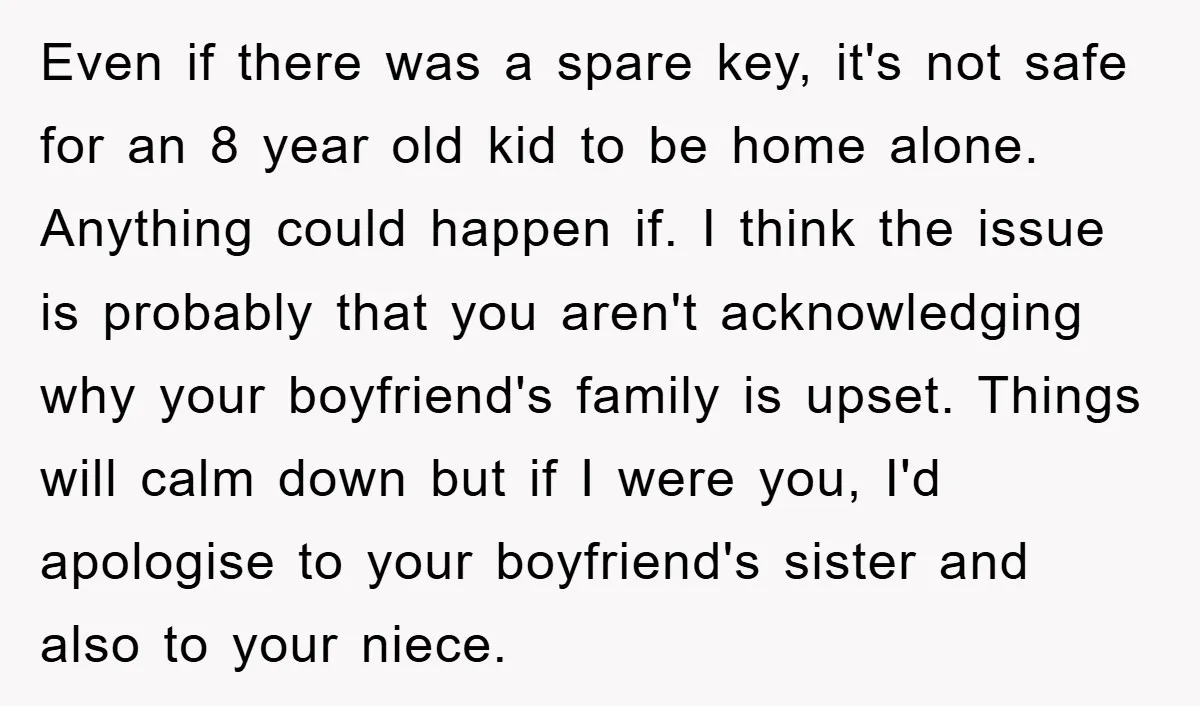 Even if there was a spare key, it's not safe for an 8 year old kid to be home alone. Anything could happen if. I think the issue is probably...
