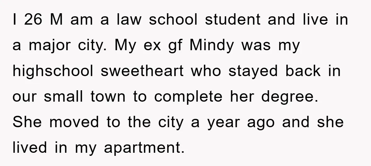 I 26 M am a law school student and live in a major city. My ex gf Mindy was my highschool sweetheart who stayed back in our small town to...
