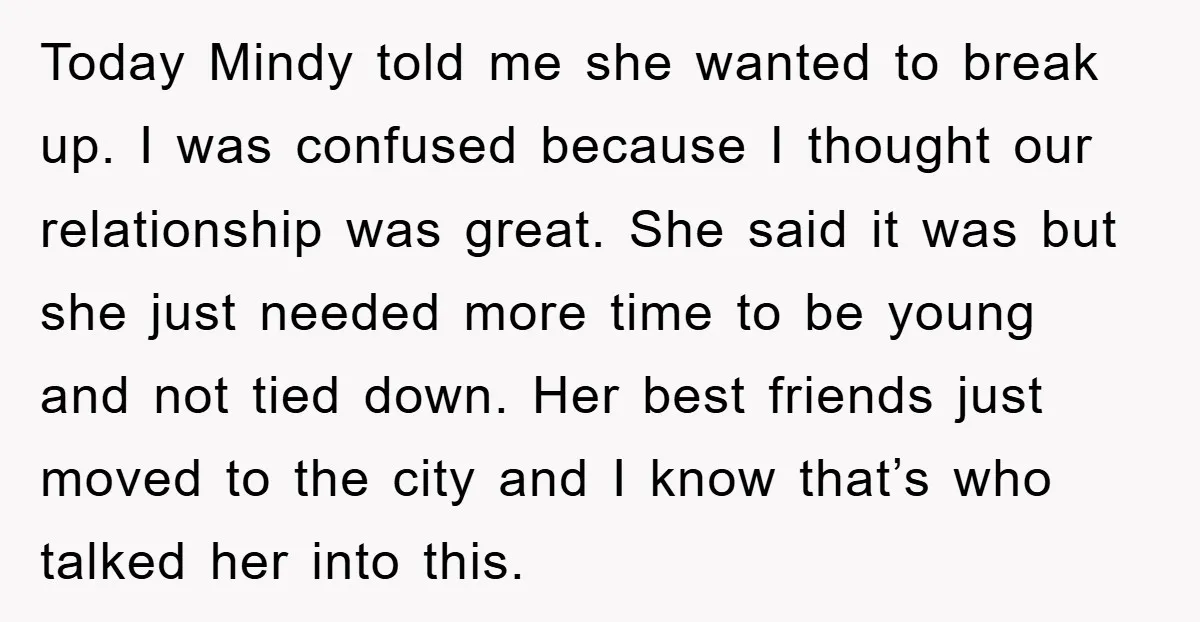 Today Mindy told me she wanted to break up. I was confused because I thought our relationship was great. She said it was but she just needed more time to...