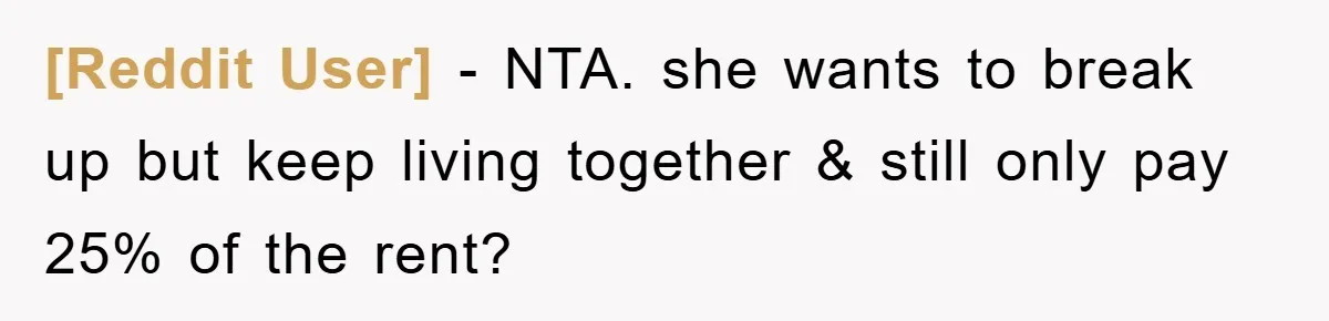 [Reddit User] − NTA. she wants to break up but keep living together & still only pay 25% of the rent?