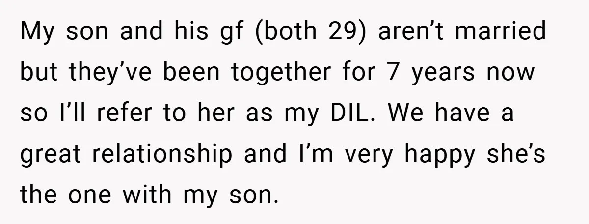 My son and his gf (both 29) aren’t married but they’ve been together for 7 years now so I’ll refer to her as my DIL. We have a great relationship...