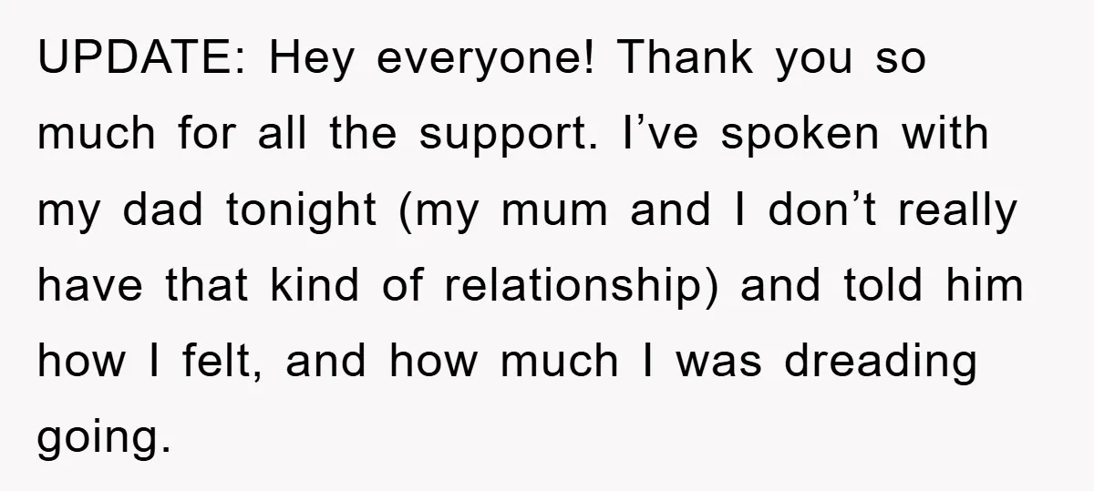UPDATE: Hey everyone! Thank you so much for all the support. I’ve spoken with my dad tonight (my mum and I don’t really have that kind of relationship) and told...