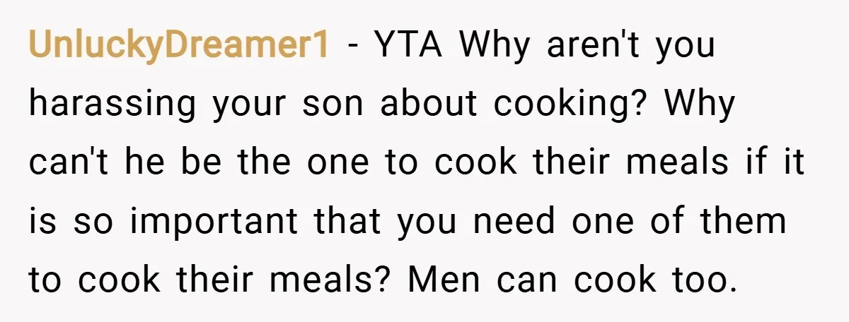 UnluckyDreamer1 − YTA Why aren't you harassing your son about cooking? Why can't he be the one to cook their meals if it is so important that you need one...