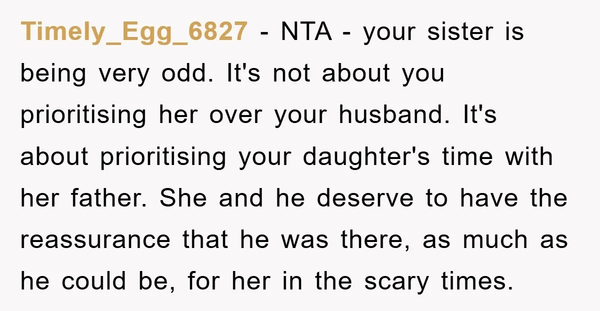 Timely_Egg_6827 − NTA - your sister is being very odd. It's not about you prioritising her over your husband. It's about prioritising your daughter's time with her father. She and...