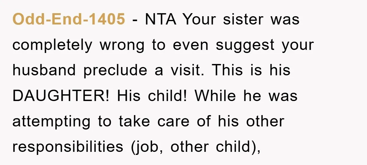 Odd-End-1405 − NTA Your sister was completely wrong to even suggest your husband preclude a visit. This is his DAUGHTER! His child! While he was attempting to take care of...