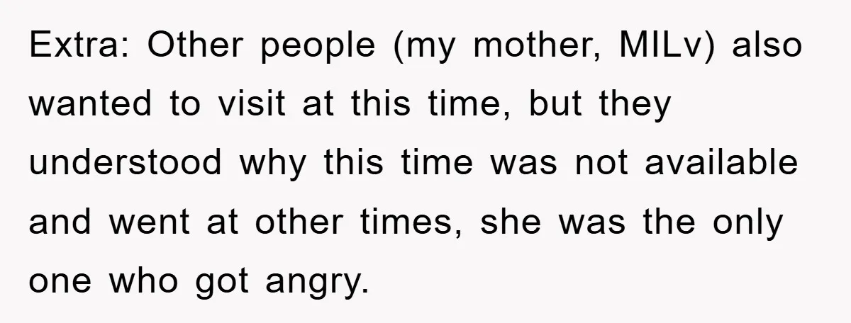 Extra: Other people (my mother, MILv) also wanted to visit at this time, but they understood why this time was not available and went at other times, she was the...