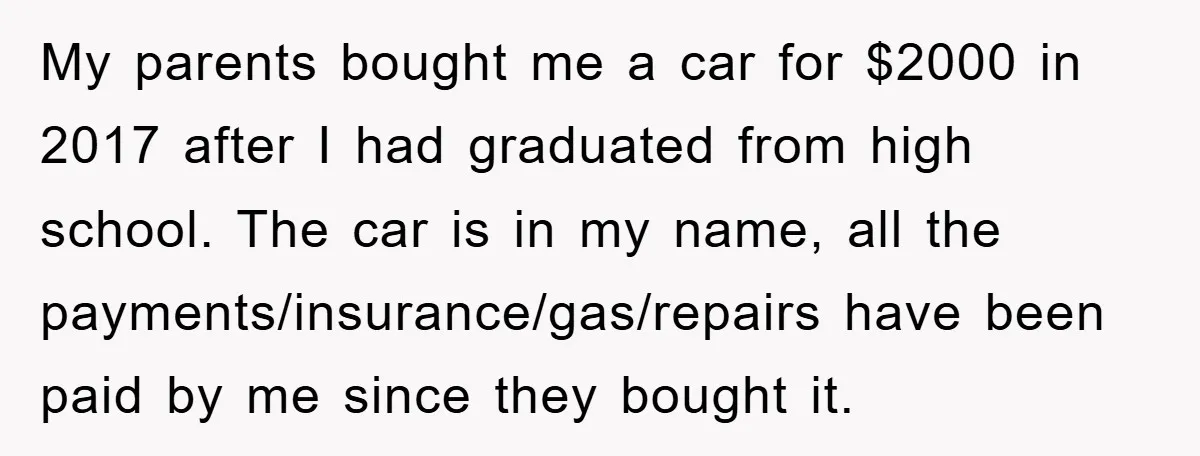 My parents bought me a car for $2000 in 2017 after I had graduated from high school. The car is in my name, all the payments/insurance/gas/repairs have been paid by...