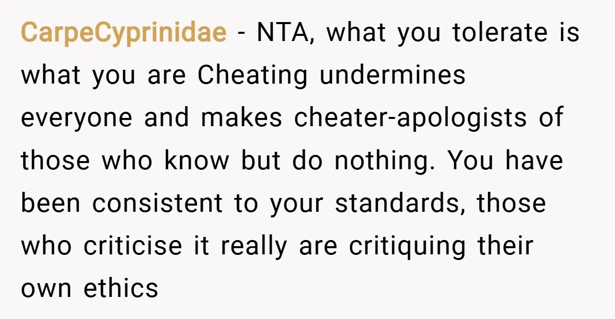 CarpeCyprinidae − NTA, what you tolerate is what you are Cheating undermines everyone and makes cheater-apologists of those who know but do nothing. You have been consistent to your standards,...