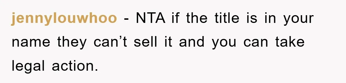 jennylouwhoo − NTA if the title is in your name they can’t sell it and you can take legal action.