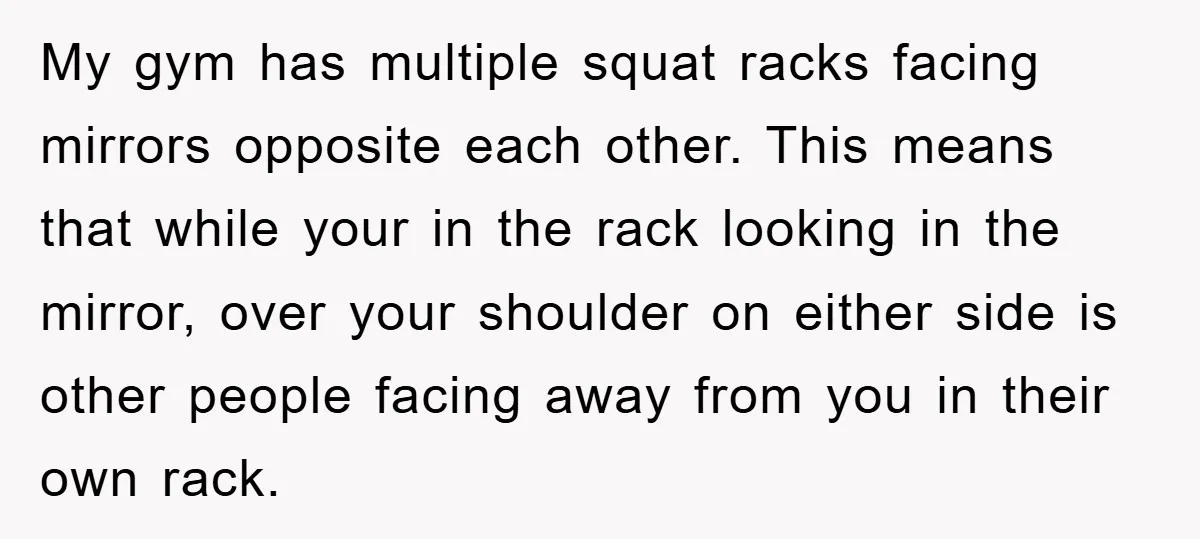 My gym has multiple squat racks facing mirrors opposite each other. This means that while your in the rack looking in the mirror, over your shoulder on either side is...