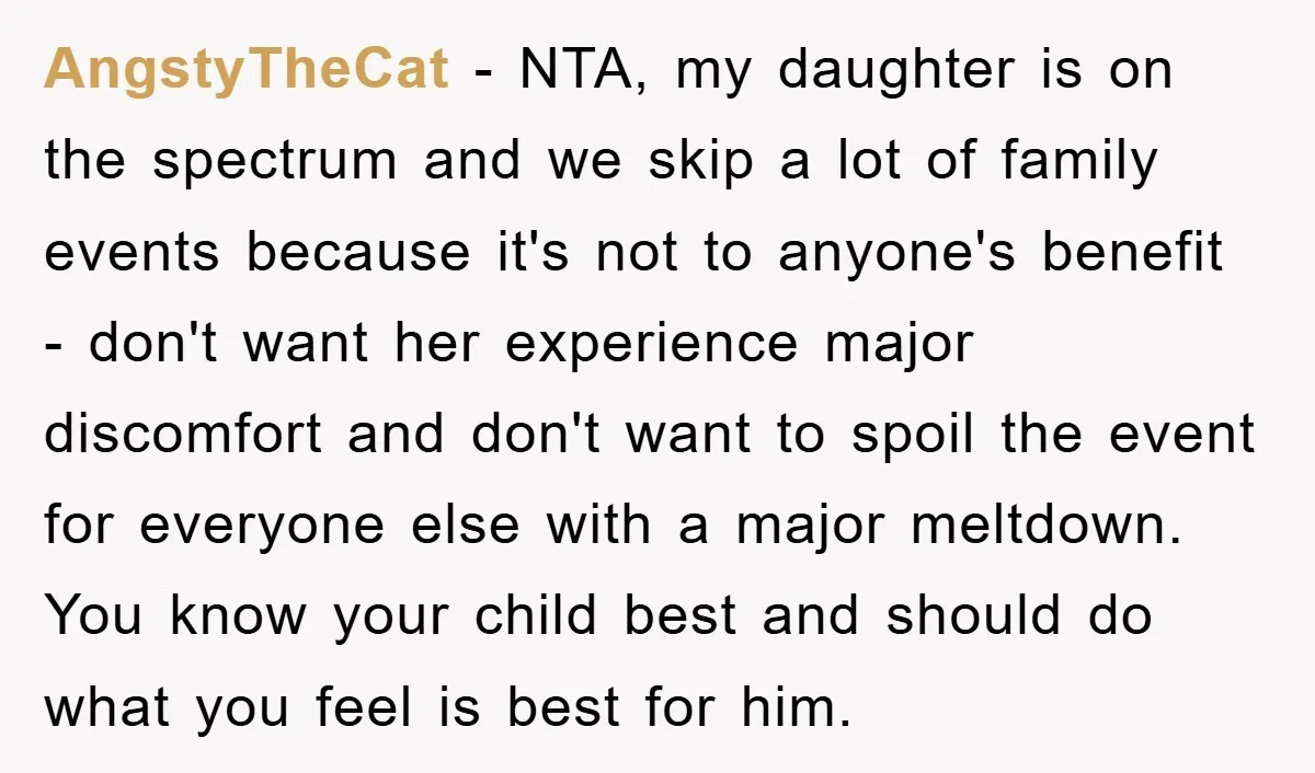 AngstyTheCat − NTA, my daughter is on the spectrum and we skip a lot of family events because it's not to anyone's benefit - don't want her experience major discomfort...