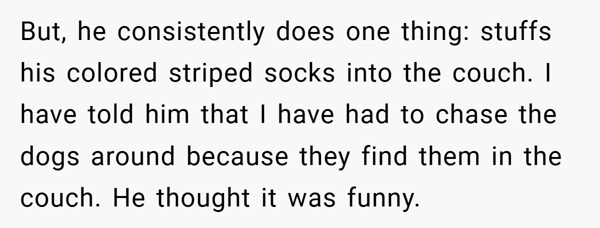 But, he consistently does one thing: stuffs his colored striped socks into the couch. I have told him that I have had to chase the dogs around because they find...