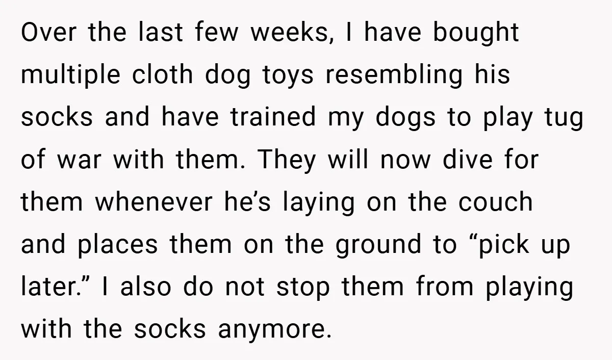 Over the last few weeks, I have bought multiple cloth dog toys resembling his socks and have trained my dogs to play tug of war with them. They will now...