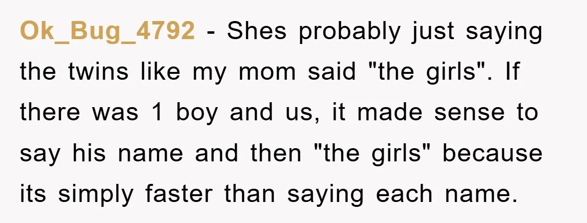 Ok_Bug_4792 − Shes probably just saying the twins like my mom said "the girls". If there was 1 boy and us, it made sense to say his name and then...