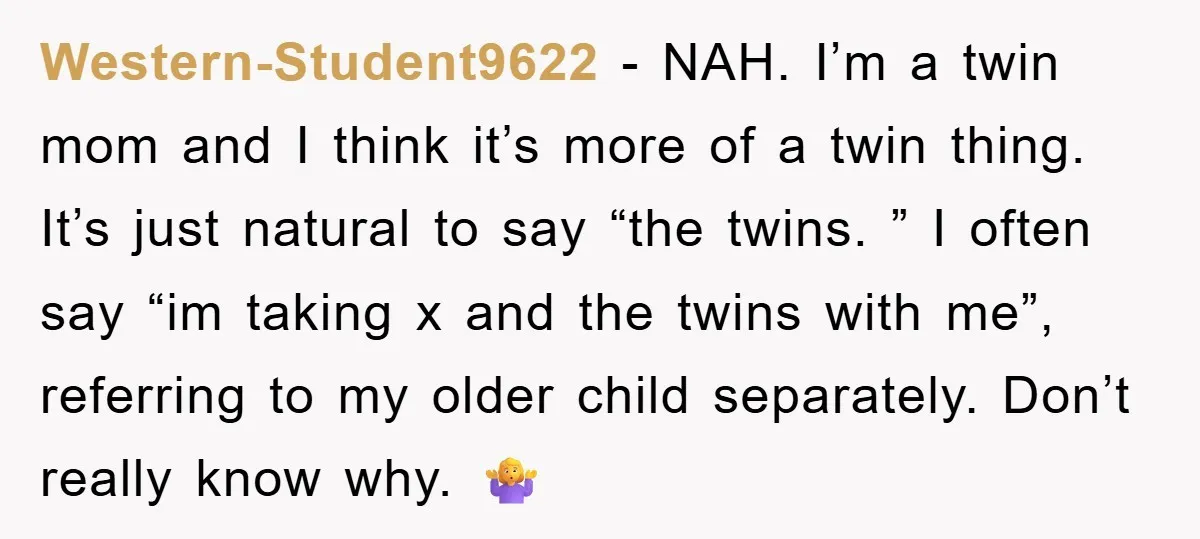 Western-Student9622 − NAH. I’m a twin mom and I think it’s more of a twin thing. It’s just natural to say “the twins. ” I often say “im taking x...