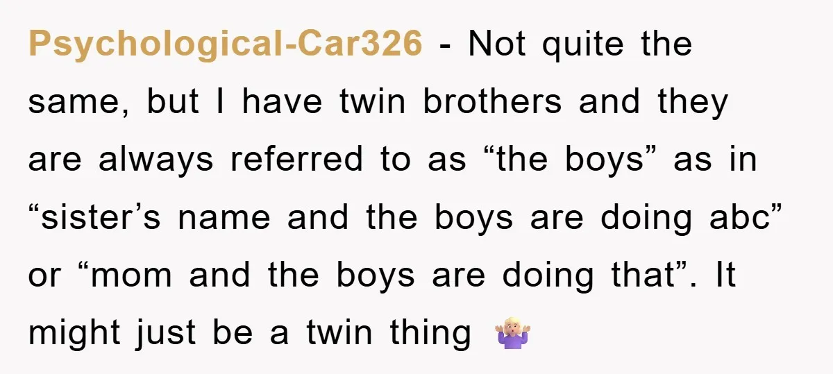 Psychological-Car326 − Not quite the same, but I have twin brothers and they are always referred to as “the boys” as in “sister’s name and the boys are doing abc”...