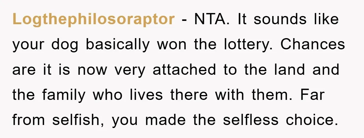 Logthephilosoraptor − NTA. It sounds like your dog basically won the lottery. Chances are it is now very attached to the land and the family who lives there with them....