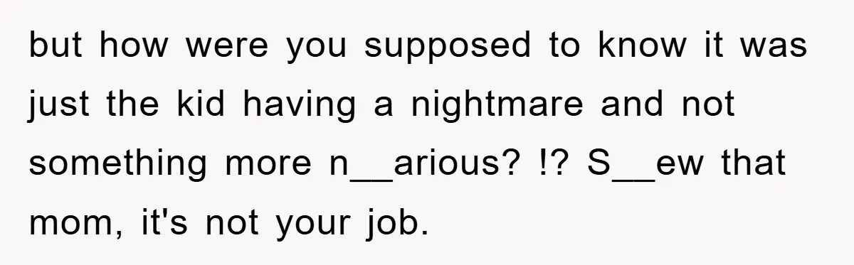 but how were you supposed to know it was just the kid having a nightmare and not something more n__arious? !? S__ew that mom, it's not your job.