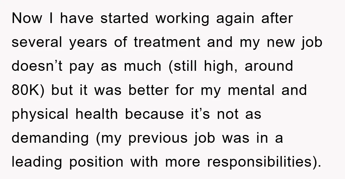 Now I have started working again after several years of treatment and my new job doesn’t pay as much (still high, around 80K) but it was better for my mental...