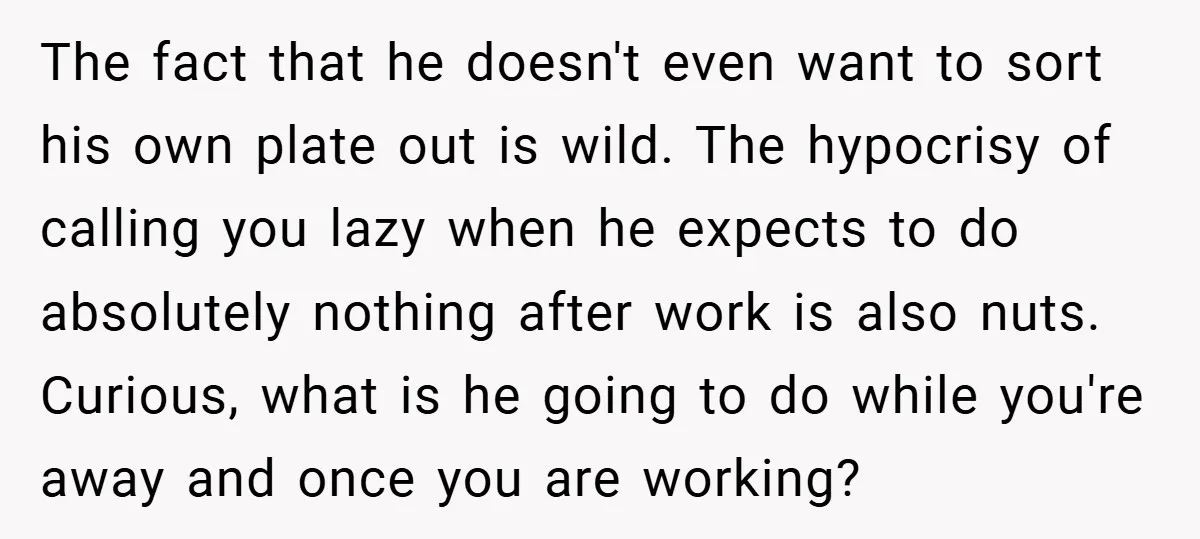 The fact that he doesn't even want to sort his own plate out is wild. The hypocrisy of calling you lazy when he expects to do absolutely nothing after work...