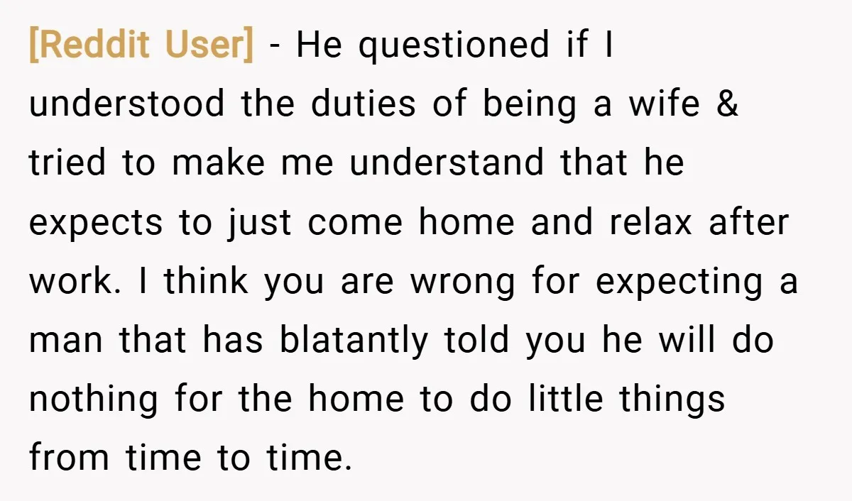 [Reddit User] − He questioned if I understood the duties of being a wife & tried to make me understand that he expects to just come home and relax after...