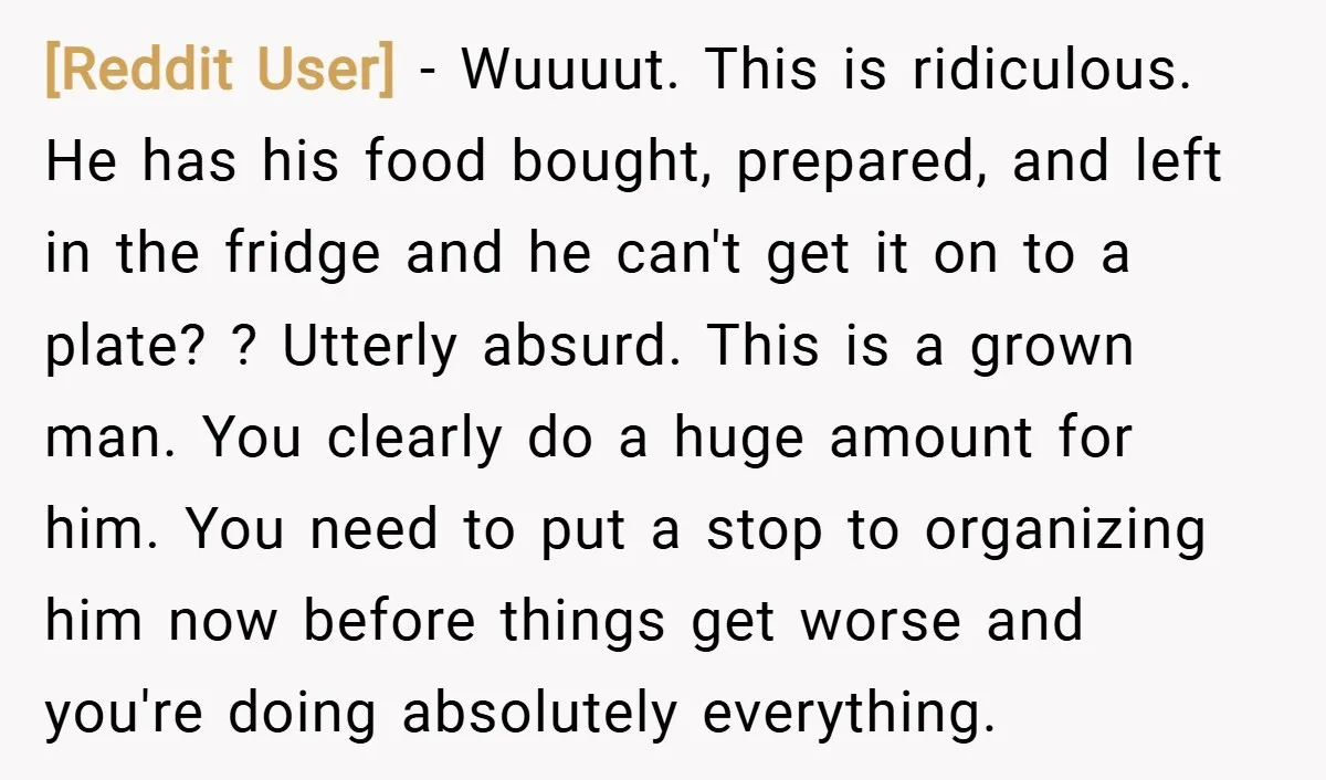 [Reddit User] − Wuuuut. This is ridiculous. He has his food bought, prepared, and left in the fridge and he can't get it on to a plate? ? Utterly absurd....