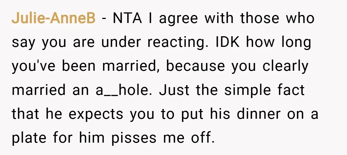 Julie-AnneB − NTA I agree with those who say you are under reacting. IDK how long you've been married, because you clearly married an a__hole. Just the simple fact that...