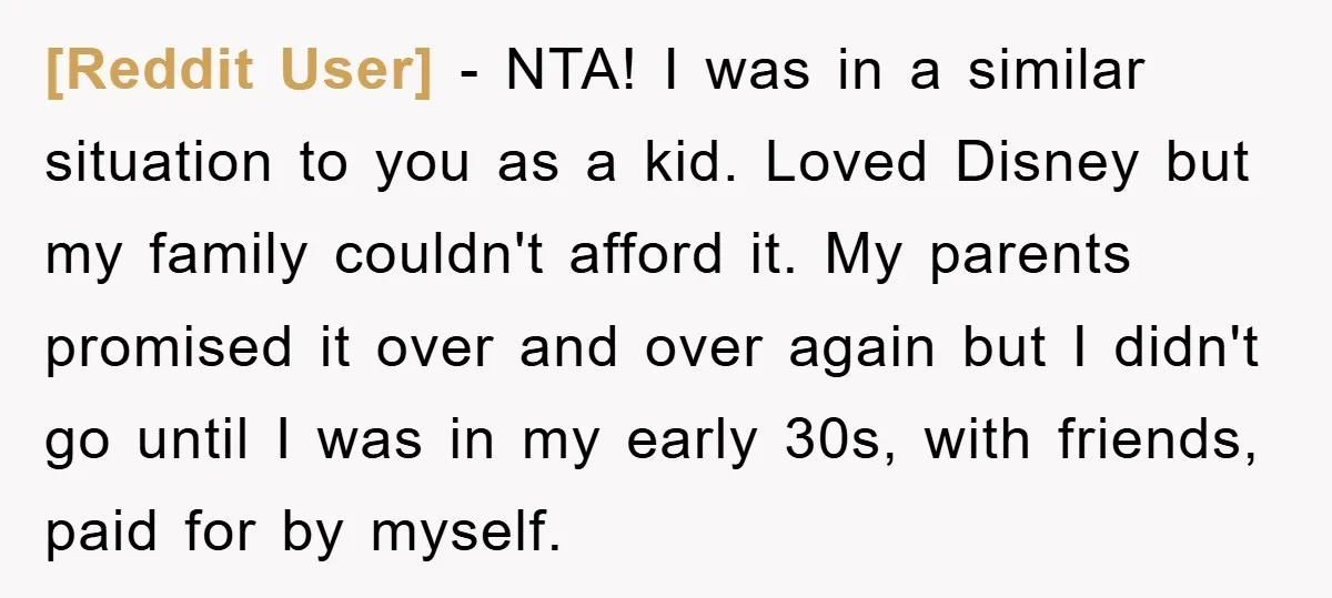 [Reddit User] − NTA! I was in a similar situation to you as a kid. Loved Disney but my family couldn't afford it. My parents promised it over and over...