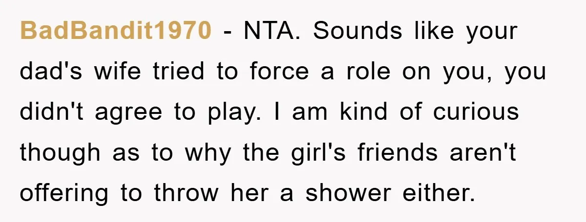 BadBandit1970 − NTA. Sounds like your dad's wife tried to force a role on you, you didn't agree to play. I am kind of curious though as to why the...