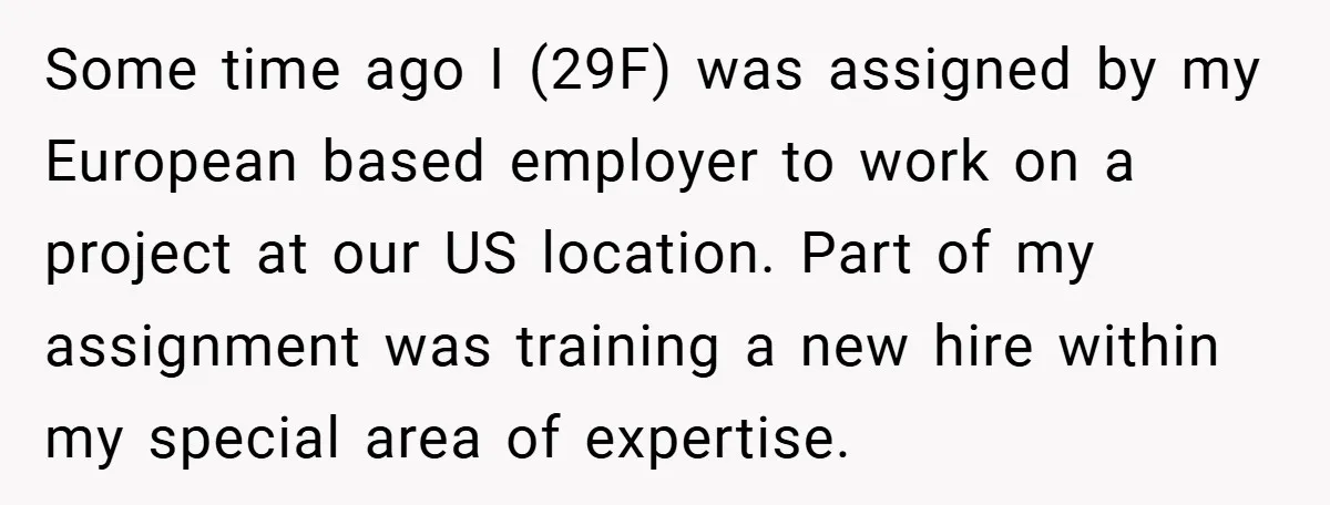 Some time ago I (29F) was assigned by my European based employer to work on a project at our US location. Part of my assignment was training a new hire...