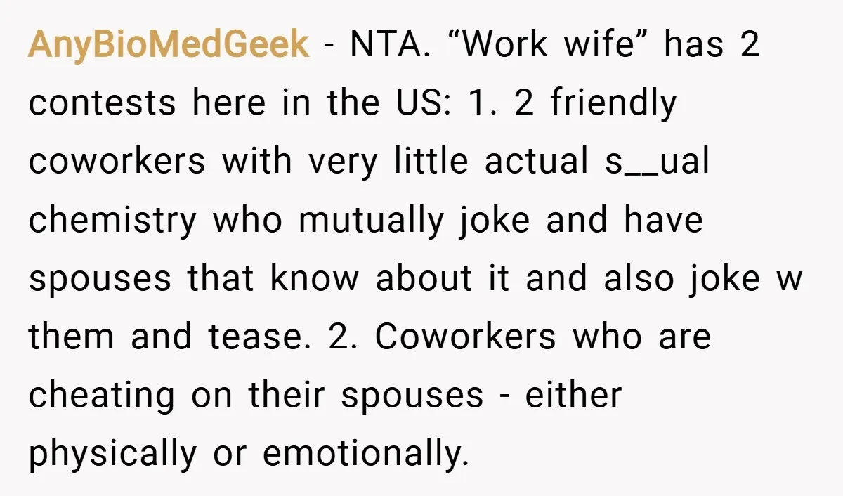 AnyBioMedGeek − NTA. “Work wife” has 2 contests here in the US: 1. 2 friendly coworkers with very little actual s__ual chemistry who mutually joke and have spouses that know...