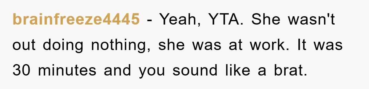 brainfreeze4445 − Yeah, YTA. She wasn't out doing nothing, she was at work. It was 30 minutes and you sound like a brat.