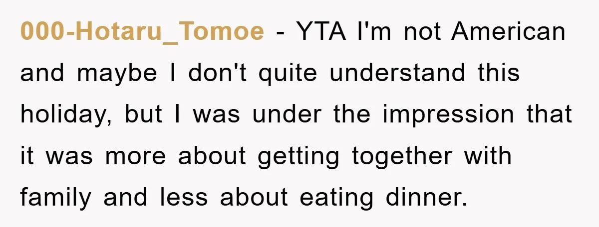 000-Hotaru_Tomoe − YTA I'm not American and maybe I don't quite understand this holiday, but I was under the impression that it was more about getting together with family and...