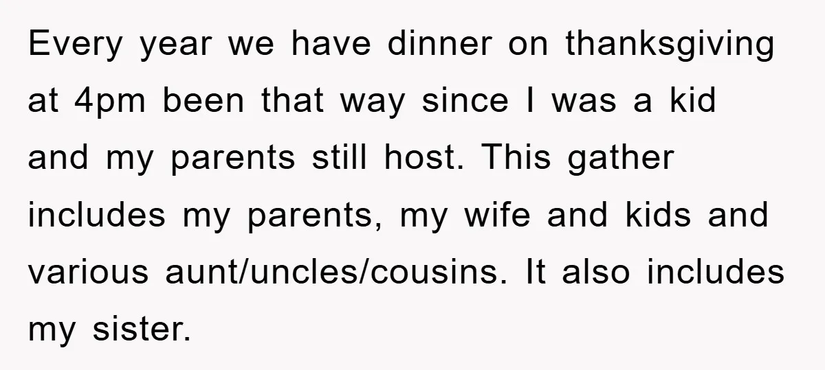 Every year we have dinner on thanksgiving at 4pm been that way since I was a kid and my parents still host. This gather includes my parents, my wife and...