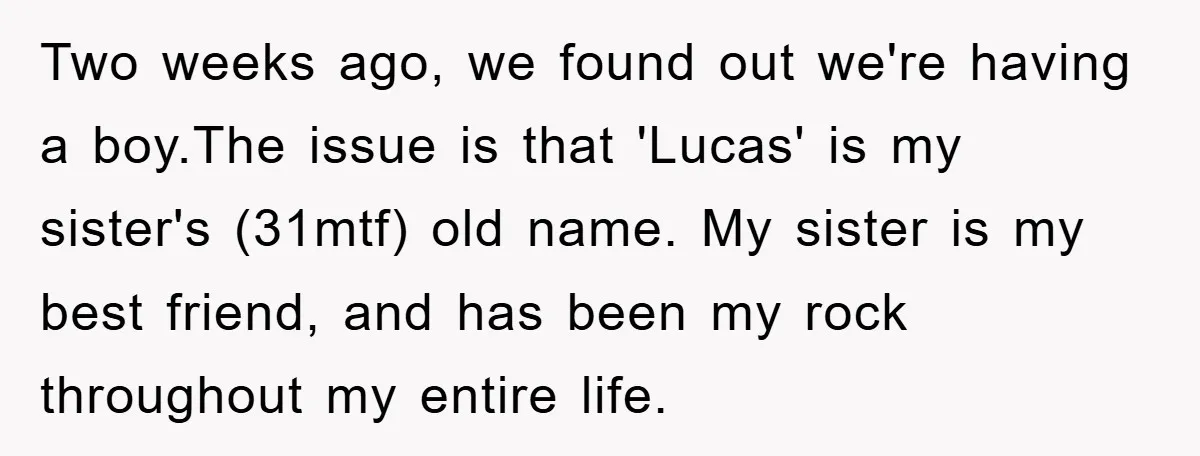 Two weeks ago, we found out we're having a boy.The issue is that 'Lucas' is my sister's (31mtf) old name. My sister is my best friend, and has been my...