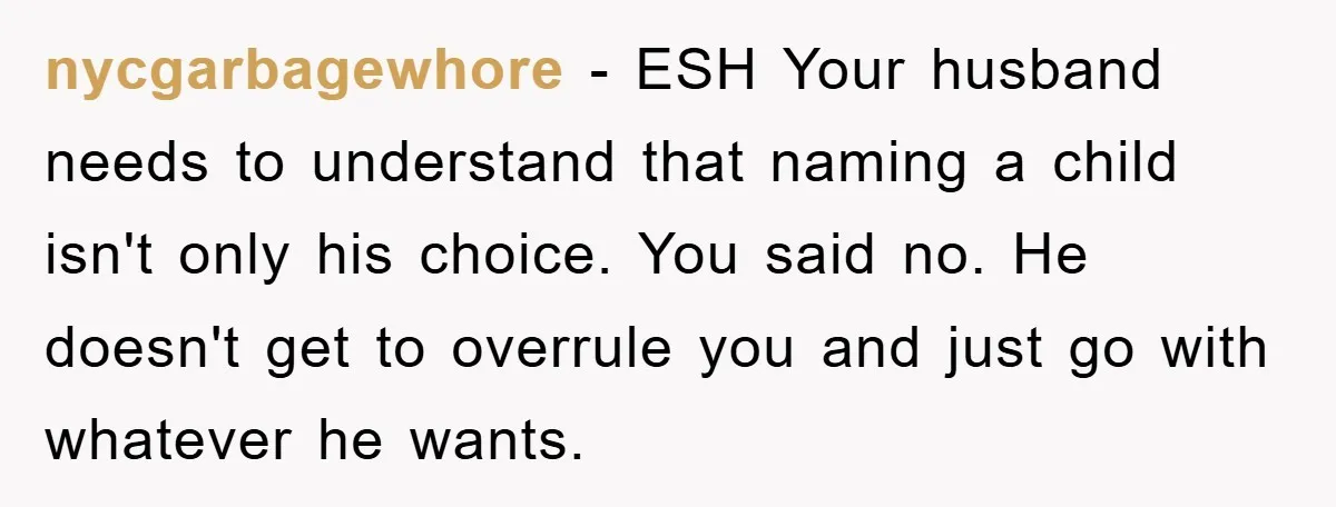 nycgarbagewhore − ESH Your husband needs to understand that naming a child isn't only his choice. You said no. He doesn't get to overrule you and just go with whatever...