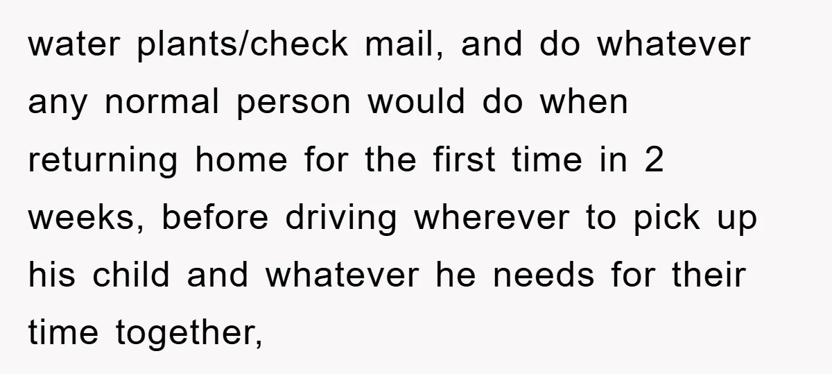 water plants/check mail, and do whatever any normal person would do when returning home for the first time in 2 weeks, before driving wherever to pick up his child and...
