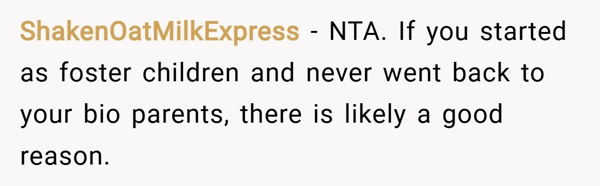 ShakenOatMilkExpress − NTA. If you started as foster children and never went back to your bio parents, there is likely a good reason.