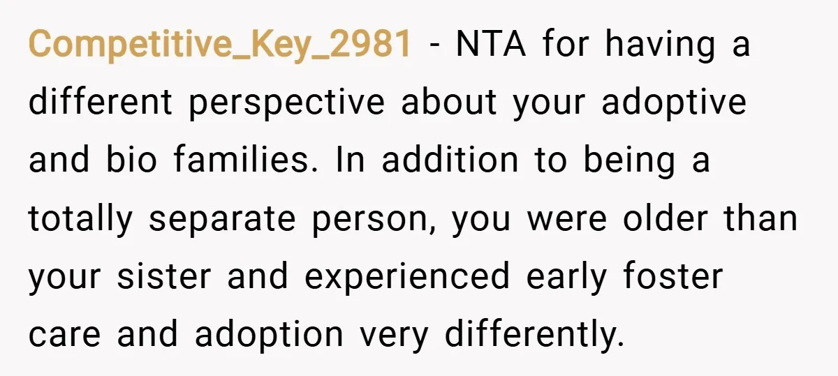 Competitive_Key_2981 − NTA for having a different perspective about your adoptive and bio families. In addition to being a totally separate person, you were older than your sister and experienced...
