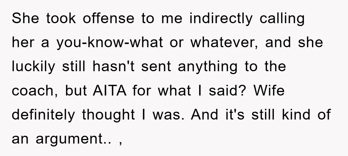 She took offense to me indirectly calling her a you-know-what or whatever, and she luckily still hasn't sent anything to the coach, but AITA for what I said? Wife definitely...