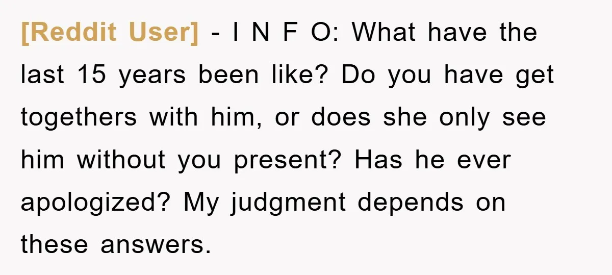 [Reddit User] − I N F O: What have the last 15 years been like? Do you have get togethers with him, or does she only see him without you...