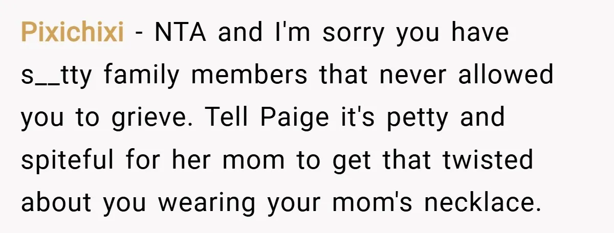 Pixichixi − NTA and I'm sorry you have s__tty family members that never allowed you to grieve. Tell Paige it's petty and spiteful for her mom to get that twisted...