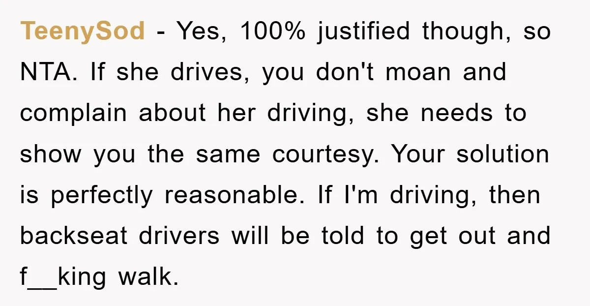 TeenySod − Yes, 100% justified though, so NTA. If she drives, you don't moan and complain about her driving, she needs to show you the same courtesy. Your solution is...